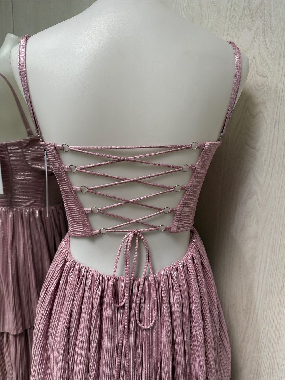NWT Sabina Musayev metallic pink Tiered Pleated lace back Bustier Maxi Dress S - Picture 3 of 12